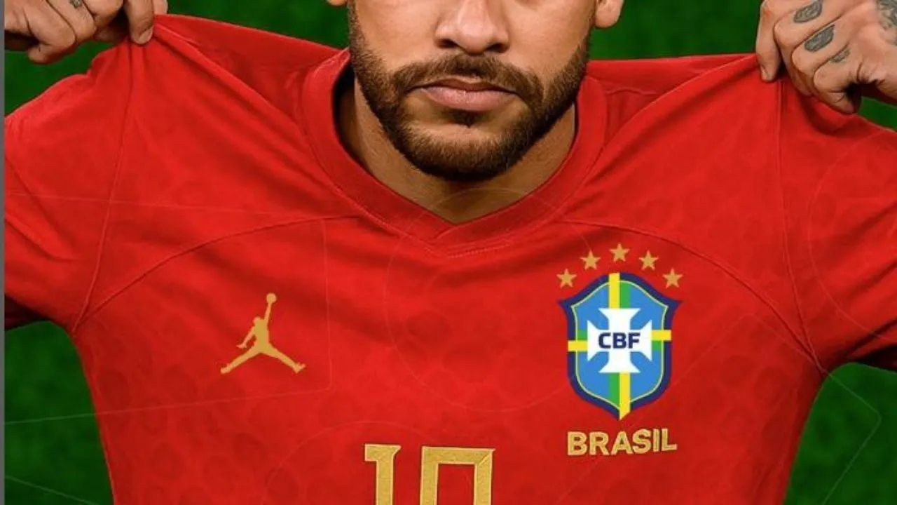 Uniforme com camisa vermelha da seleção brasileira.